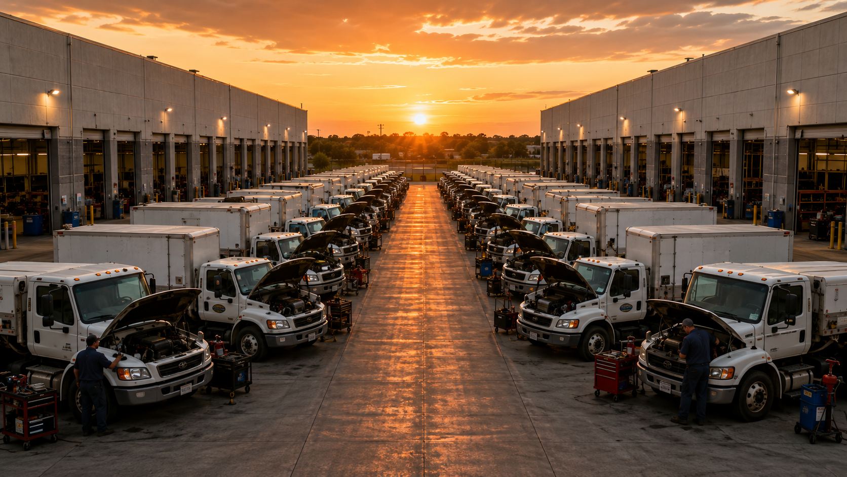 Rows of fleet trucks being serviced by technicians in a maintenance yard at sunset